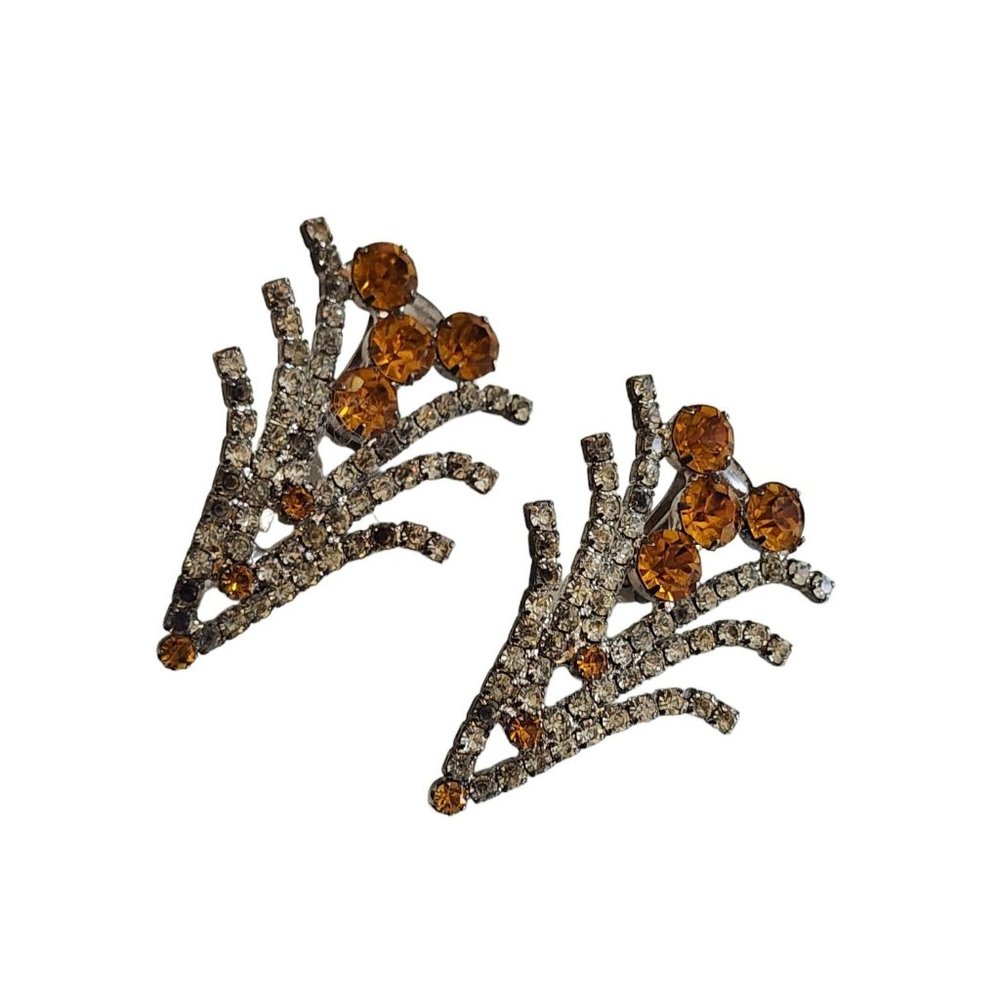 Vintage Unsigned 2 Tone Prong Set Rhinestone Clip Earrings (A2957)